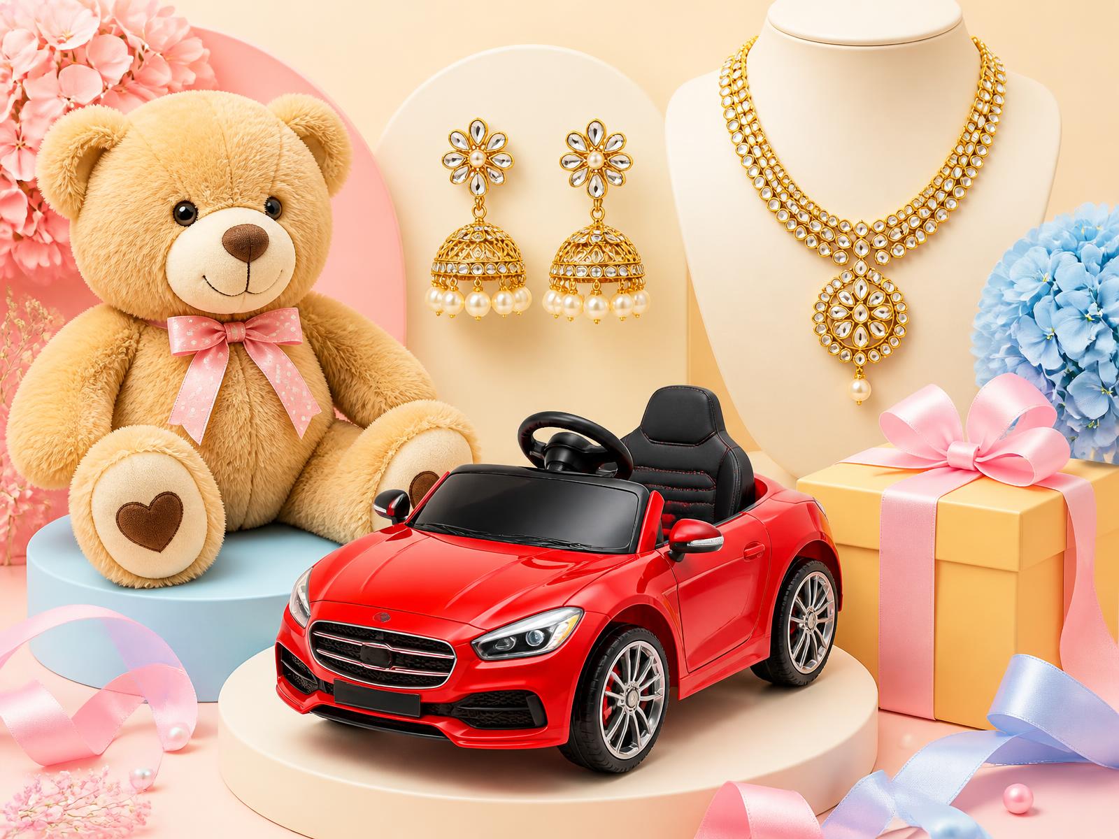 Soft toys, imitation jewellery, a kids' ride-on car and gift boxes